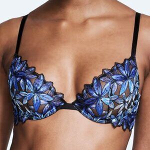 Victoria's Secret 36DD Bra Low Cut Demi Underwired Unlined Navy Blue Floral